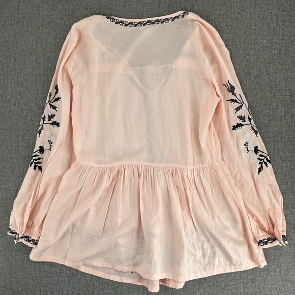 Venus Peachy Pink Top Embroidered  Long Sleeve Boho Loose Fit Pleated Small - Picture 12 of 16